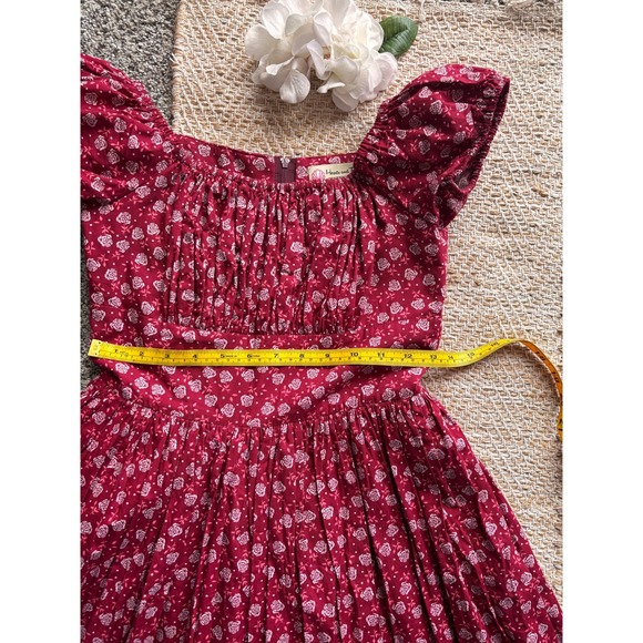 Hearts & Found Red Floral Rose Print Puff Sleeve Midi Dress Small Vintage Style - Picture 5 of 8